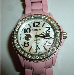 Geneva Pink Dial Crystal Accent Pink Round Case Metal Band Watch